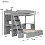 Letto a castello matrimoniale XL grigio/bianco con scrivania e scaffali, 2 posti letto