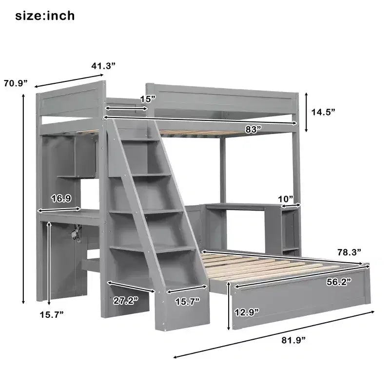 Letto a castello matrimoniale XL grigio/bianco con scrivania e scaffali, 2 posti letto