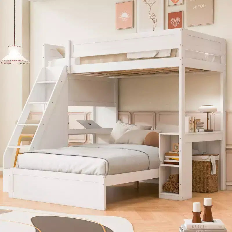 Letto a castello matrimoniale XL grigio/bianco con scrivania e scaffali, 2 posti letto