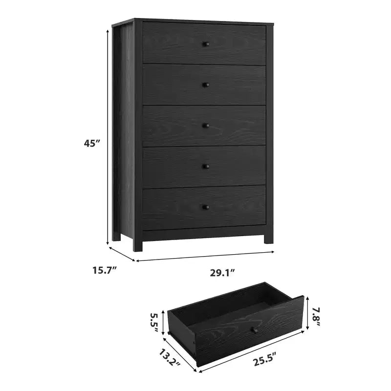 Comò a 5 cassetti – Stile moderno, giallo mandorla / nero / avorio chiaro / bianco, montaggio per 1 persona