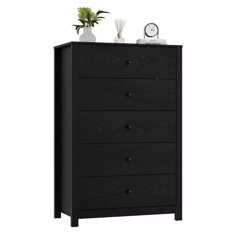 Comò a 5 cassetti – Stile moderno, giallo mandorla / nero / avorio chiaro / bianco, montaggio per 1 persona