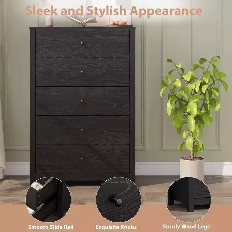 Comò a 5 cassetti – Stile moderno, giallo mandorla / nero / avorio chiaro / bianco, montaggio per 1 persona