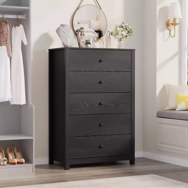 Comò a 5 cassetti – Stile moderno, giallo mandorla / nero / avorio chiaro / bianco, montaggio per 1 persona