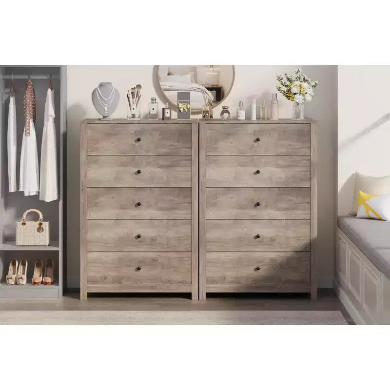 Comò a 5 cassetti – Stile moderno, giallo mandorla / nero / avorio chiaro / bianco, montaggio per 1 persona