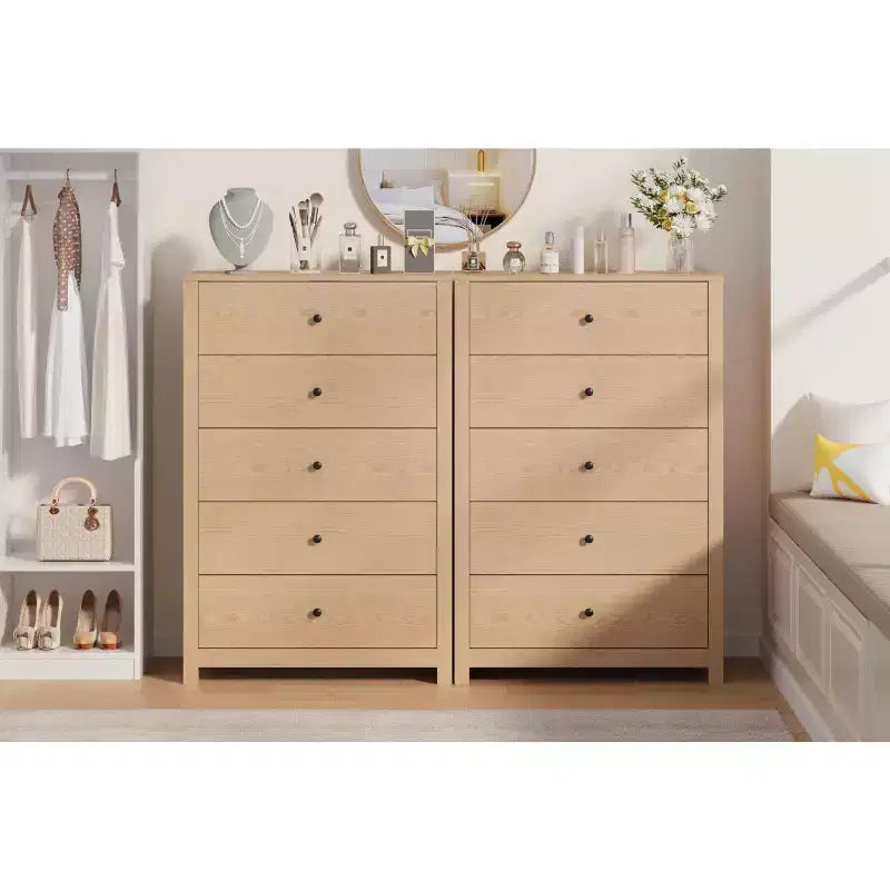 Comò a 5 cassetti – Stile moderno, giallo mandorla / nero / avorio chiaro / bianco, montaggio per 1 persona