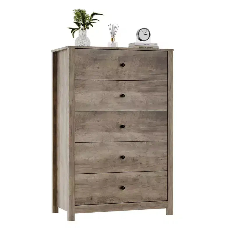 Comò a 5 cassetti – Stile moderno, giallo mandorla / nero / avorio chiaro / bianco, montaggio per 1 persona