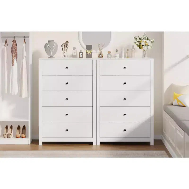 Comò a 5 cassetti – Stile moderno, giallo mandorla / nero / avorio chiaro / bianco, montaggio per 1 persona