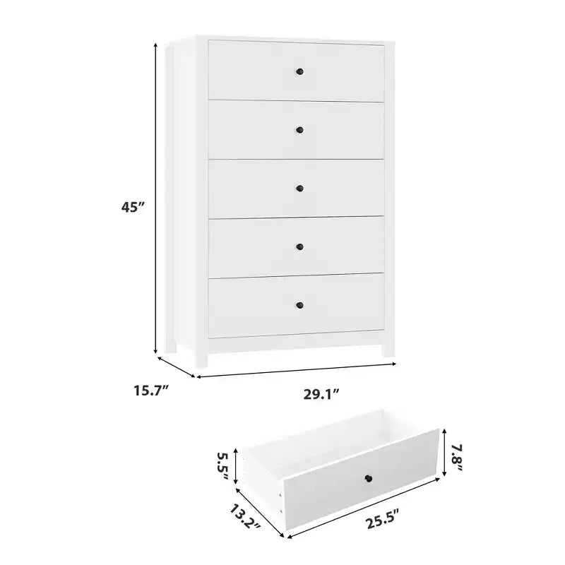Comò a 5 cassetti – Stile moderno, giallo mandorla / nero / avorio chiaro / bianco, montaggio per 1 persona