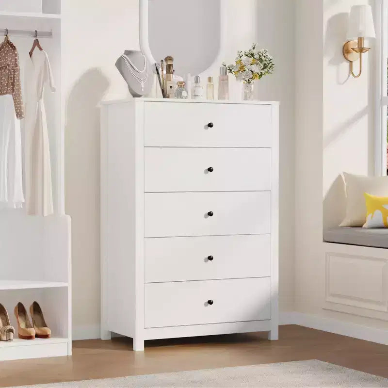 Comò a 5 cassetti – Stile moderno, giallo mandorla / nero / avorio chiaro / bianco, montaggio per 1 persona