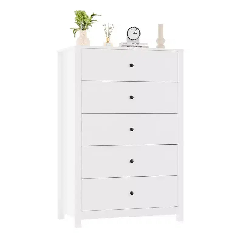 Comò a 5 cassetti – Stile moderno, giallo mandorla / nero / avorio chiaro / bianco, montaggio per 1 persona