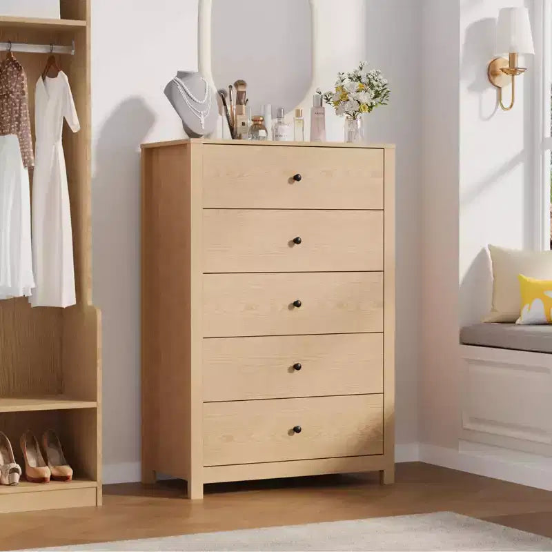 Comò a 5 cassetti – Stile moderno, giallo mandorla / nero / avorio chiaro / bianco, montaggio per 1 persona
