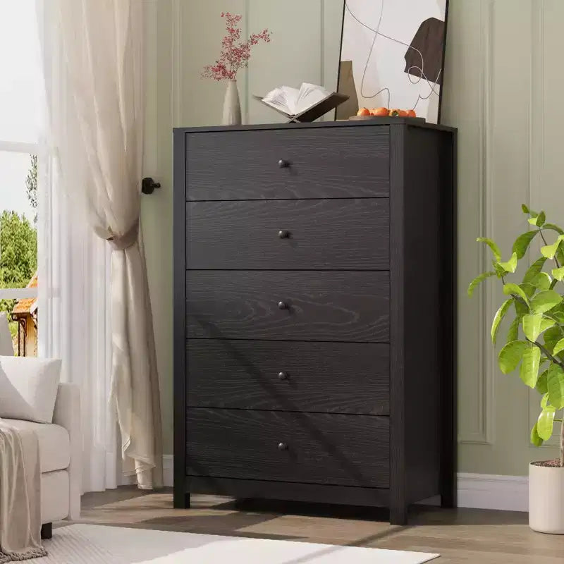 Comò a 5 cassetti – Stile moderno, giallo mandorla / nero / avorio chiaro / bianco, montaggio per 1 persona