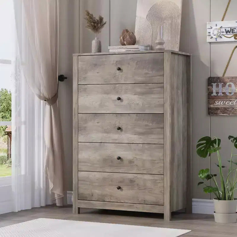 Comò a 5 cassetti – Stile moderno, giallo mandorla / nero / avorio chiaro / bianco, montaggio per 1 persona