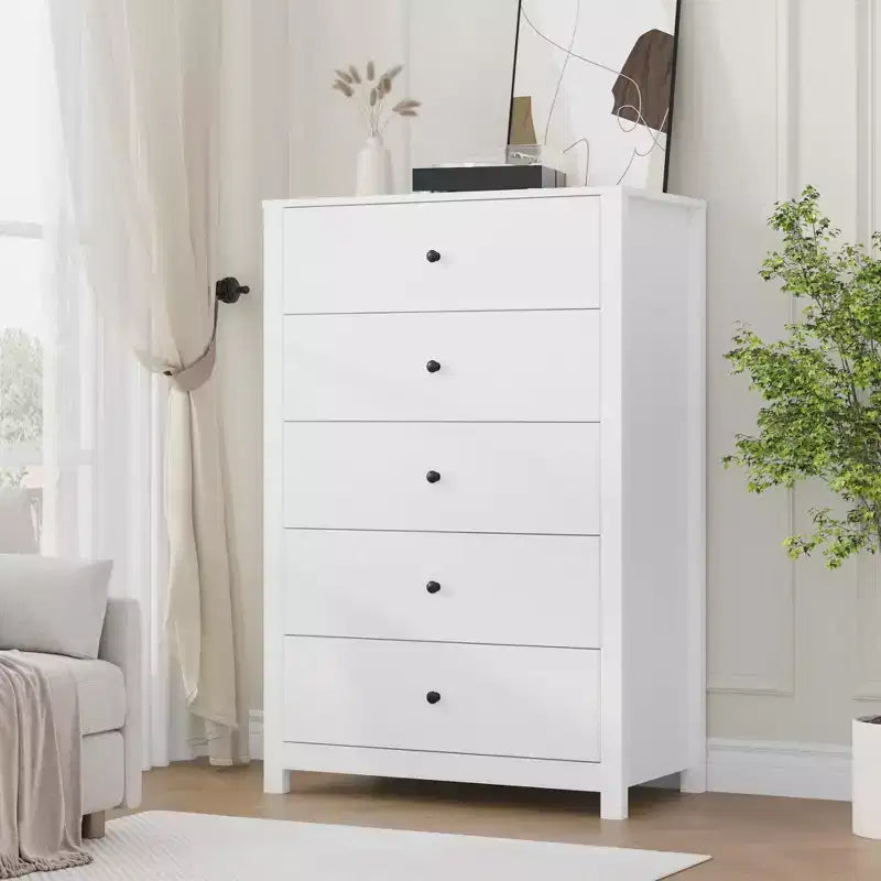 Comò a 5 cassetti – Stile moderno, giallo mandorla / nero / avorio chiaro / bianco, montaggio per 1 persona