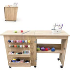 Folding Sewing Table, Multipurpose Sewing Machine Table with Compact Design, Wheels, Shelves, Storage Trays, Wooden Pegs, and Magnetic Doors