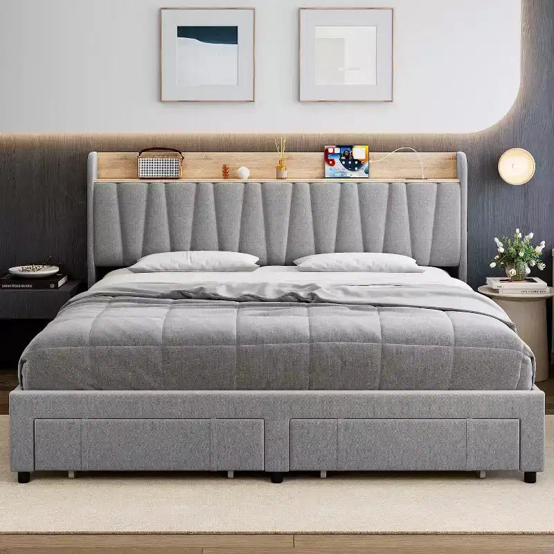 Letto matrimoniale king size imbottito grigio con testiera contenitore e cassetti, 1 persona