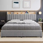 Letto matrimoniale king size imbottito grigio con testiera contenitore e cassetti, 1 persona