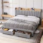Letto matrimoniale king size imbottito grigio con testiera contenitore e cassetti, 1 persona