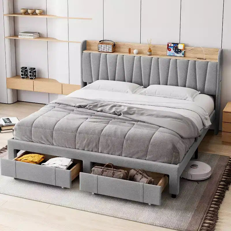 Letto matrimoniale king size imbottito grigio con testiera contenitore e cassetti, 1 persona