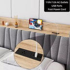 Letto matrimoniale king size imbottito grigio con testiera contenitore e cassetti, 1 persona