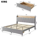 Letto matrimoniale king size imbottito grigio con testiera contenitore e cassetti, 1 persona