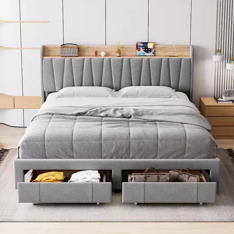Letto matrimoniale king size imbottito grigio con testiera contenitore e cassetti, 1 persona