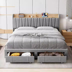 Letto matrimoniale king size imbottito grigio con testiera contenitore e cassetti, 1 persona