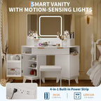 Scrivania angolare bianca/nera con luci, specchio a tre ante e sgabello, toeletta in legno da 120 cm per 1 persona