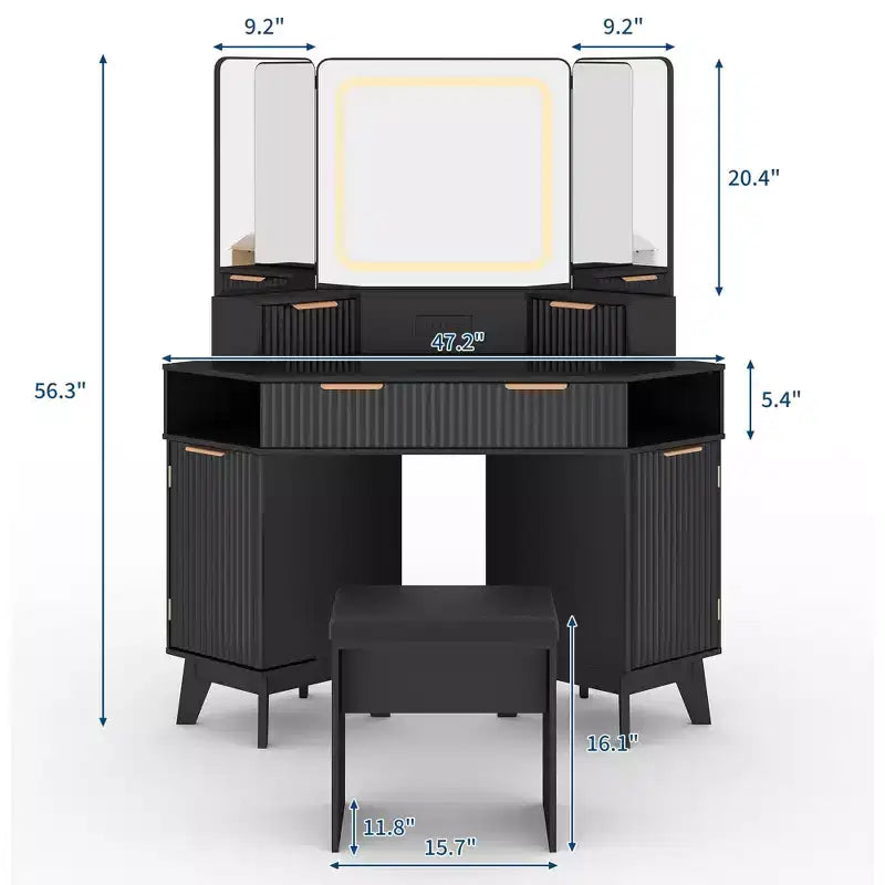 Scrivania angolare bianca/nera con luci, specchio a tre ante e sgabello, toeletta in legno da 120 cm per 1 persona