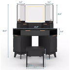 Scrivania angolare bianca/nera con luci, specchio a tre ante e sgabello, toeletta in legno da 120 cm per 1 persona
