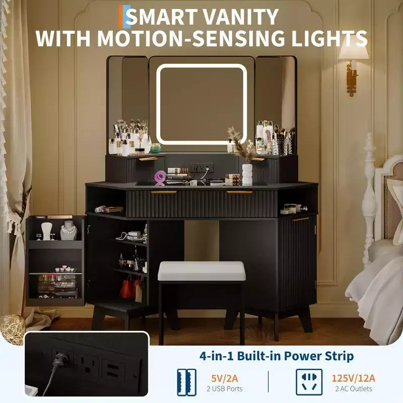 Scrivania angolare bianca/nera con luci, specchio a tre ante e sgabello, toeletta in legno da 120 cm per 1 persona