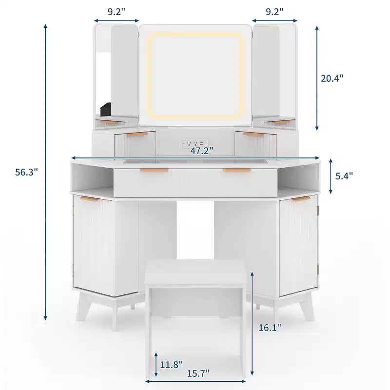 Scrivania angolare bianca/nera con luci, specchio a tre ante e sgabello, toeletta in legno da 120 cm per 1 persona