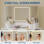 Scrivania angolare bianca/nera con luci, specchio a tre ante e sgabello, toeletta in legno da 120 cm per 1 persona