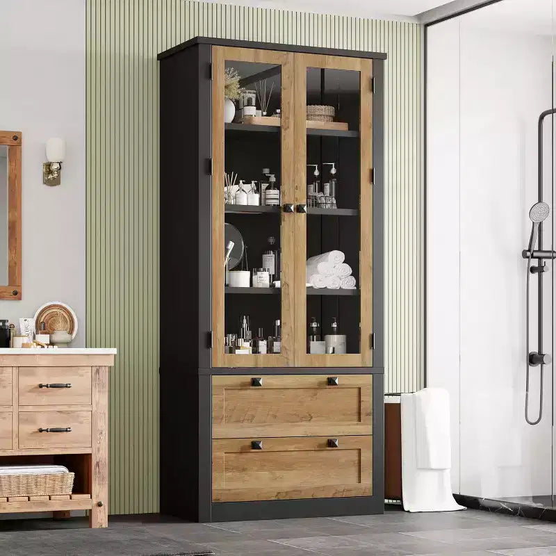 Dispensa da Cucina Autoportante da 183 cm, Stile Moderno Fattoria, Beige/Nero/Noce/Bianco