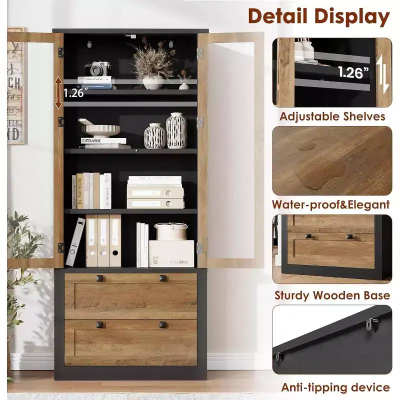 Dispensa da Cucina Autoportante da 183 cm, Stile Moderno Fattoria, Beige/Nero/Noce/Bianco