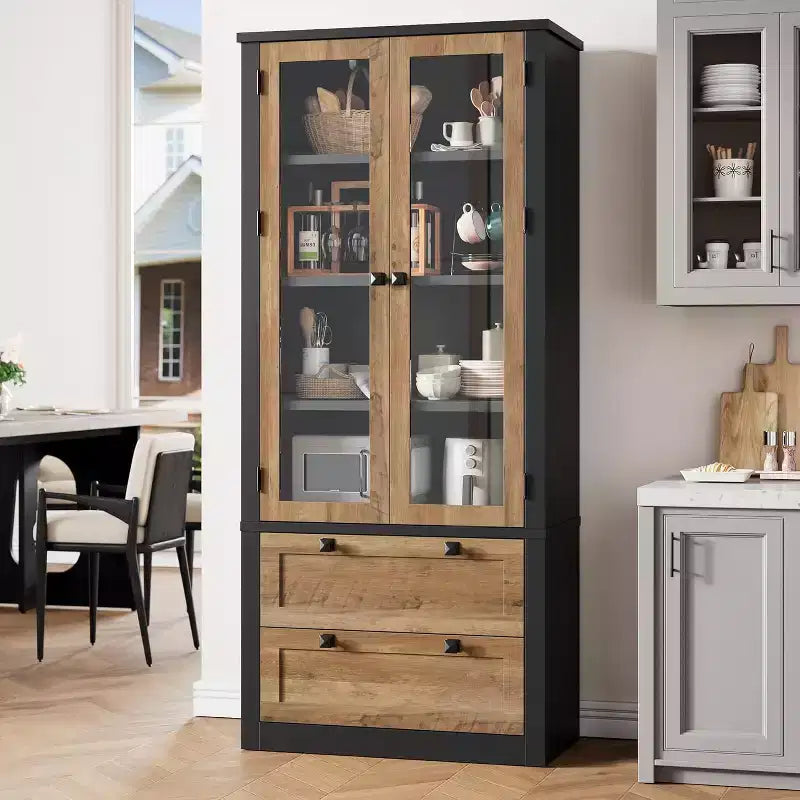 Dispensa da Cucina Autoportante da 183 cm, Stile Moderno Fattoria, Beige/Nero/Noce/Bianco