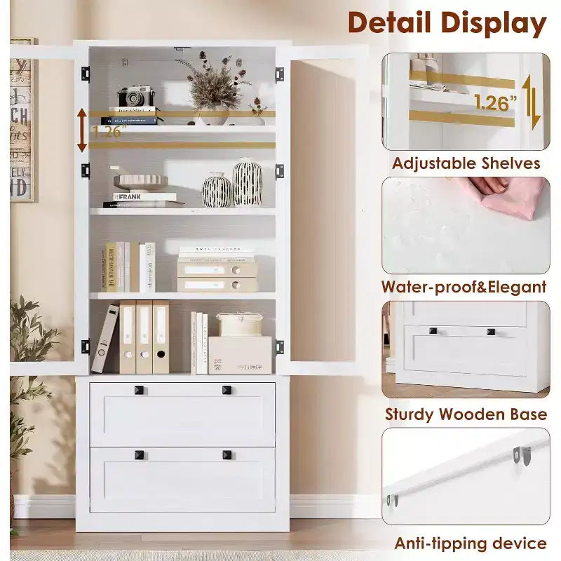 Dispensa da Cucina Autoportante da 183 cm, Stile Moderno Fattoria, Beige/Nero/Noce/Bianco