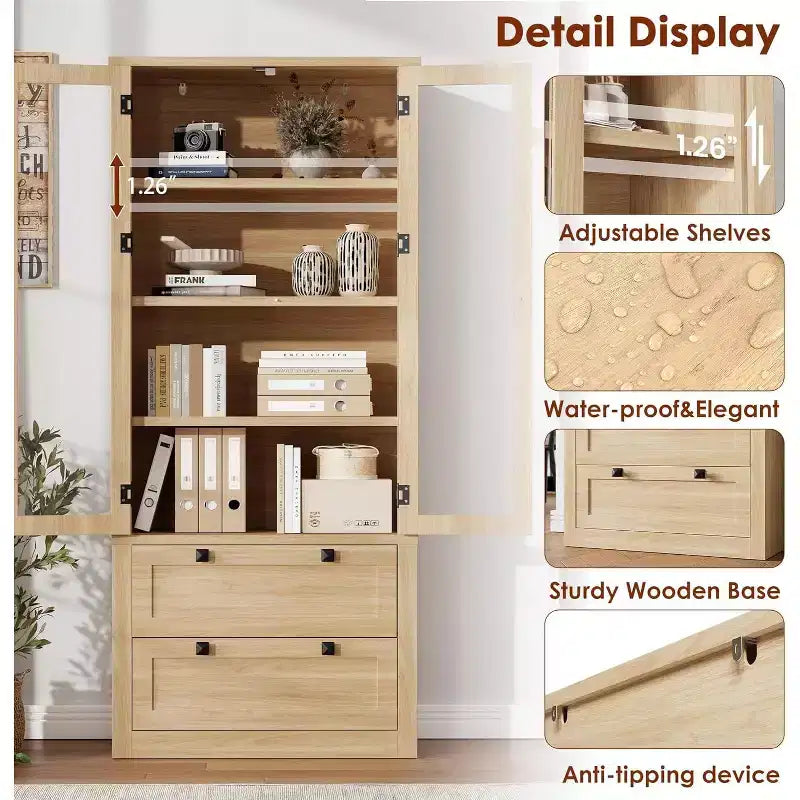 Dispensa da Cucina Autoportante da 183 cm, Stile Moderno Fattoria, Beige/Nero/Noce/Bianco