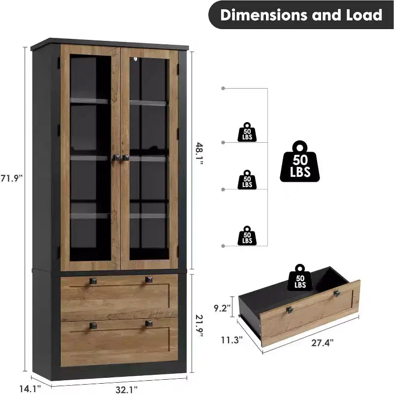 Dispensa da Cucina Autoportante da 183 cm, Stile Moderno Fattoria, Beige/Nero/Noce/Bianco