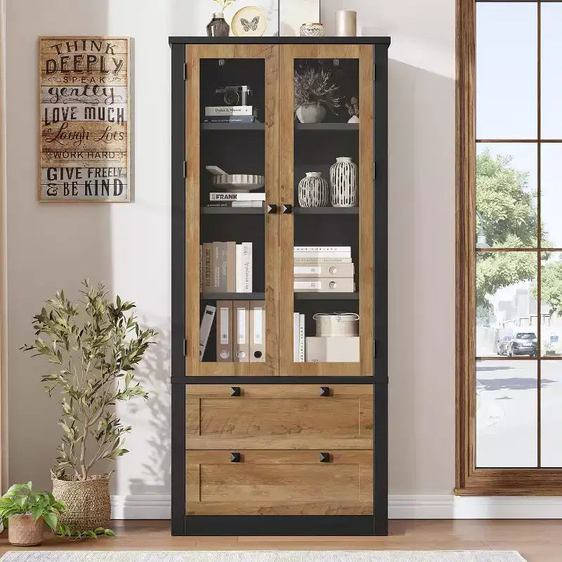 Dispensa da Cucina Autoportante da 183 cm, Stile Moderno Fattoria, Beige/Nero/Noce/Bianco