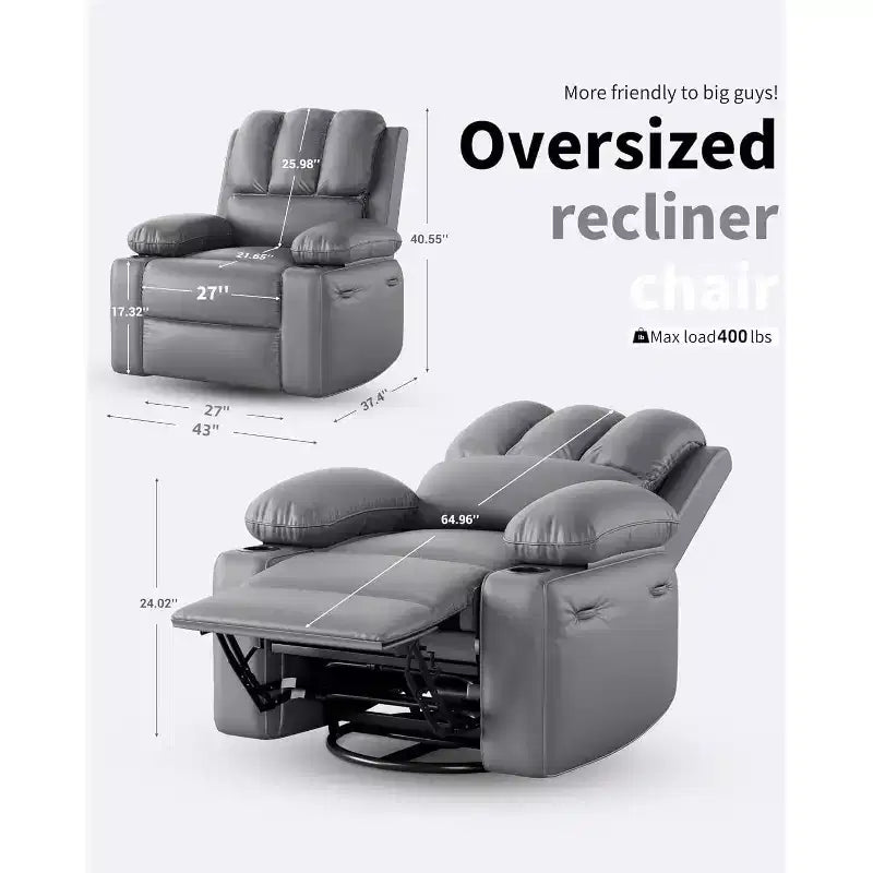 Poltrona reclinabile manuale in similpelle beige/grigia/kaki, monoposto con supporto lombare e braccioli