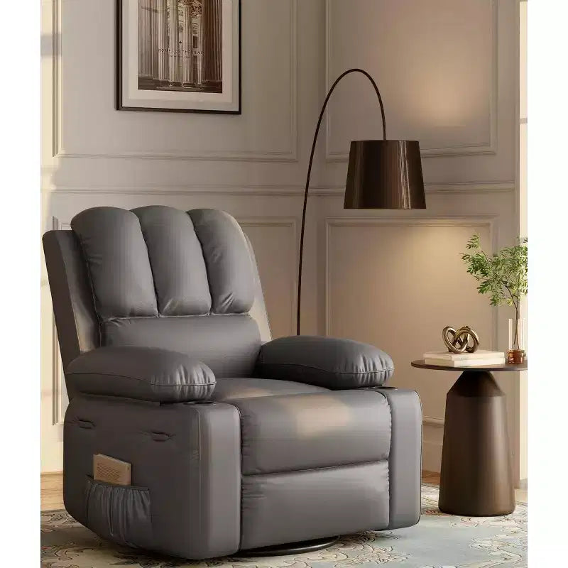 Poltrona reclinabile manuale in similpelle beige/grigia/kaki, monoposto con supporto lombare e braccioli