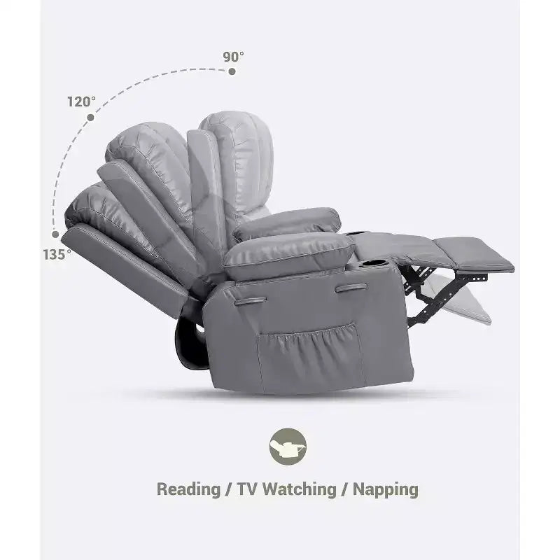 Poltrona reclinabile manuale in similpelle beige/grigia/kaki, monoposto con supporto lombare e braccioli