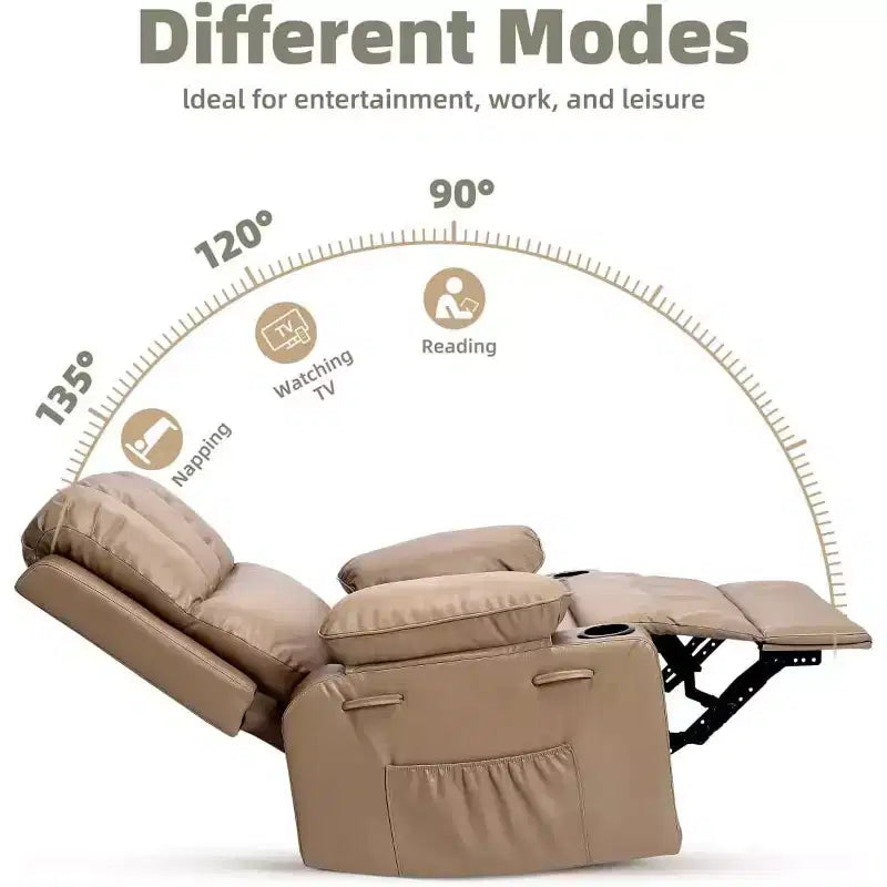 Poltrona reclinabile manuale in similpelle beige/grigia/kaki, monoposto con supporto lombare e braccioli