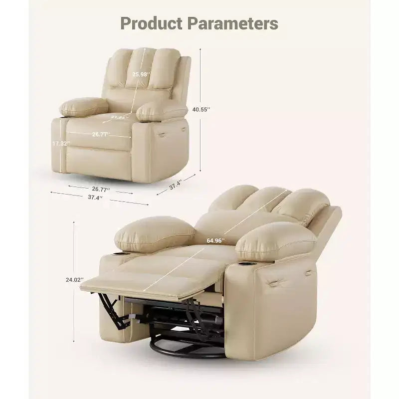 Poltrona reclinabile manuale in similpelle beige/grigia/kaki, monoposto con supporto lombare e braccioli