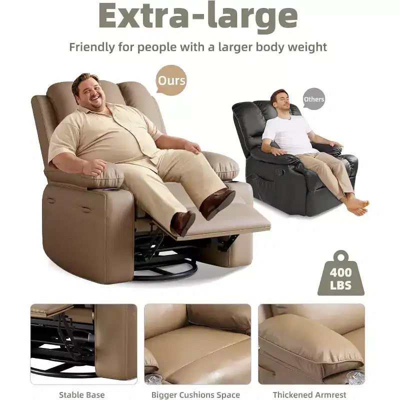Poltrona reclinabile manuale in similpelle beige/grigia/kaki, monoposto con supporto lombare e braccioli