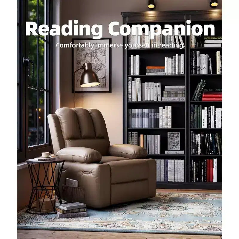 Poltrona reclinabile manuale in similpelle beige/grigia/kaki, monoposto con supporto lombare e braccioli