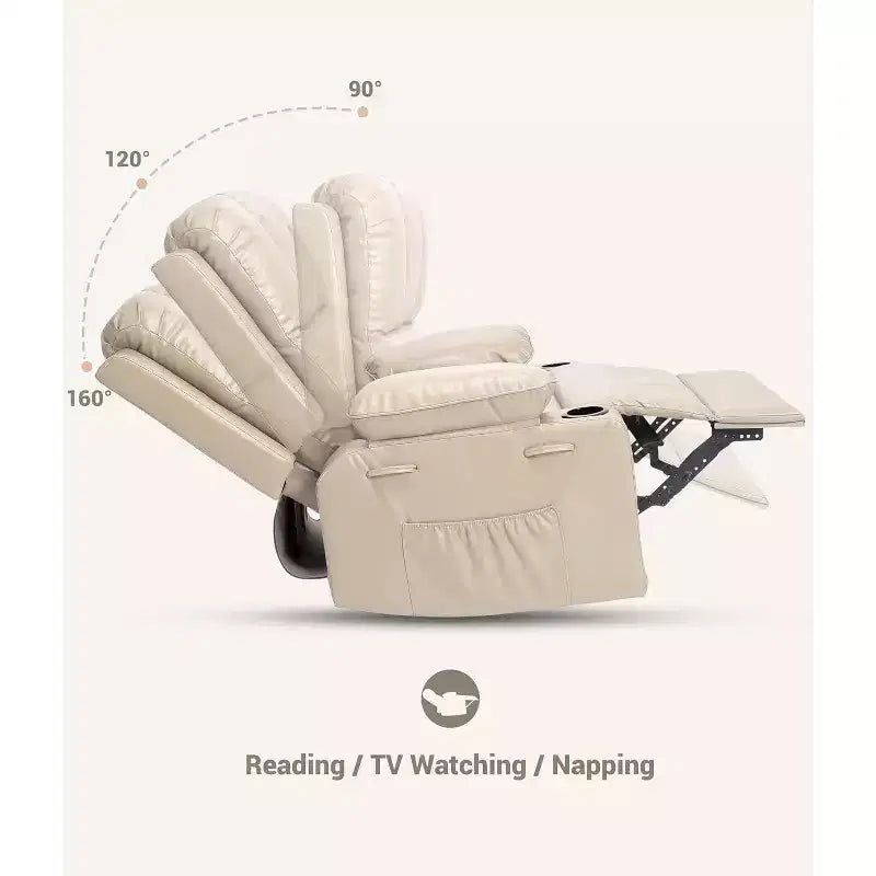 Poltrona reclinabile manuale in similpelle beige/grigia/kaki, monoposto con supporto lombare e braccioli