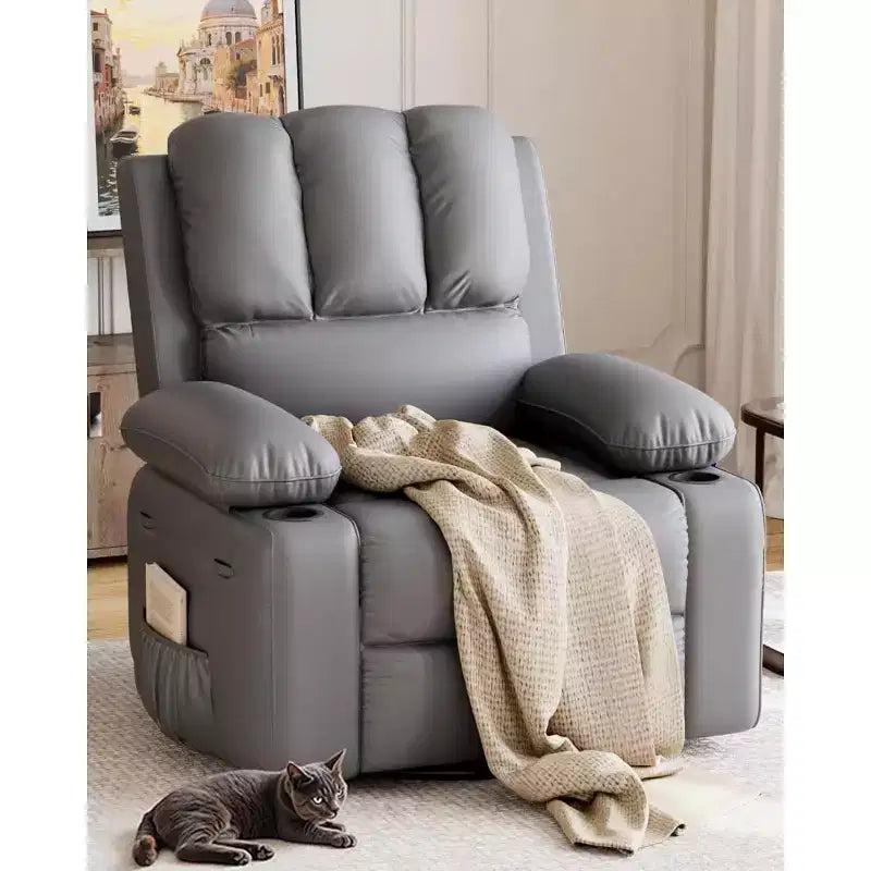 Poltrona reclinabile manuale in similpelle beige/grigia/kaki, monoposto con supporto lombare e braccioli