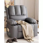 Poltrona reclinabile manuale in similpelle beige/grigia/kaki, monoposto con supporto lombare e braccioli